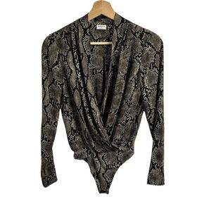 Babaton Milford‎ Snakeskin Women's Size XXs Bodysuit Brown Plunge Long Sleeve
